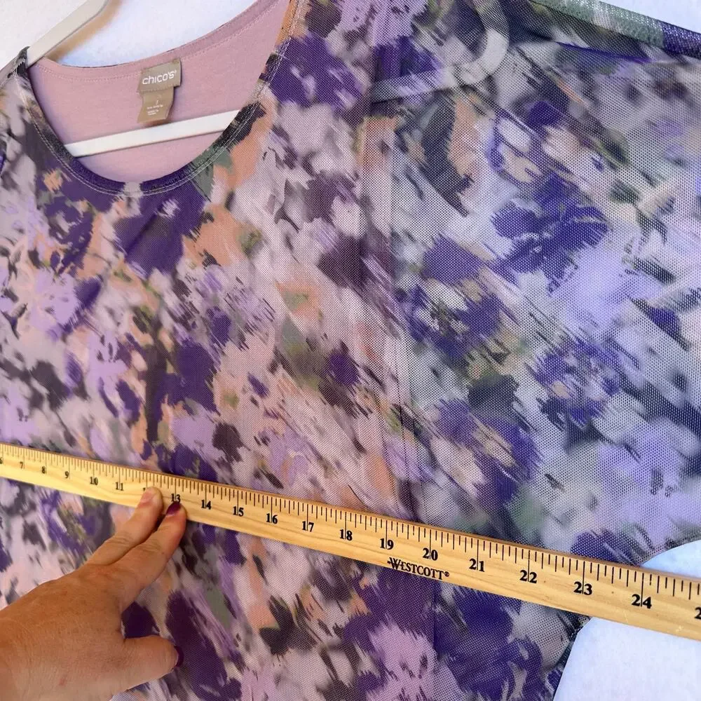 Chico's Floral Blouse Womens M Purple Pullover Wispy Sheer Mesh Lightweight